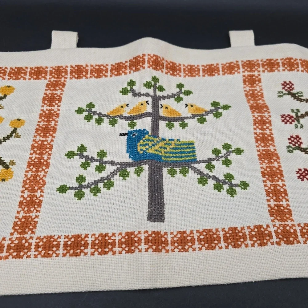 Vintage Handmade Needlepoint Bird Wall Hanging Cross Stitch Folk Art 3 Panel